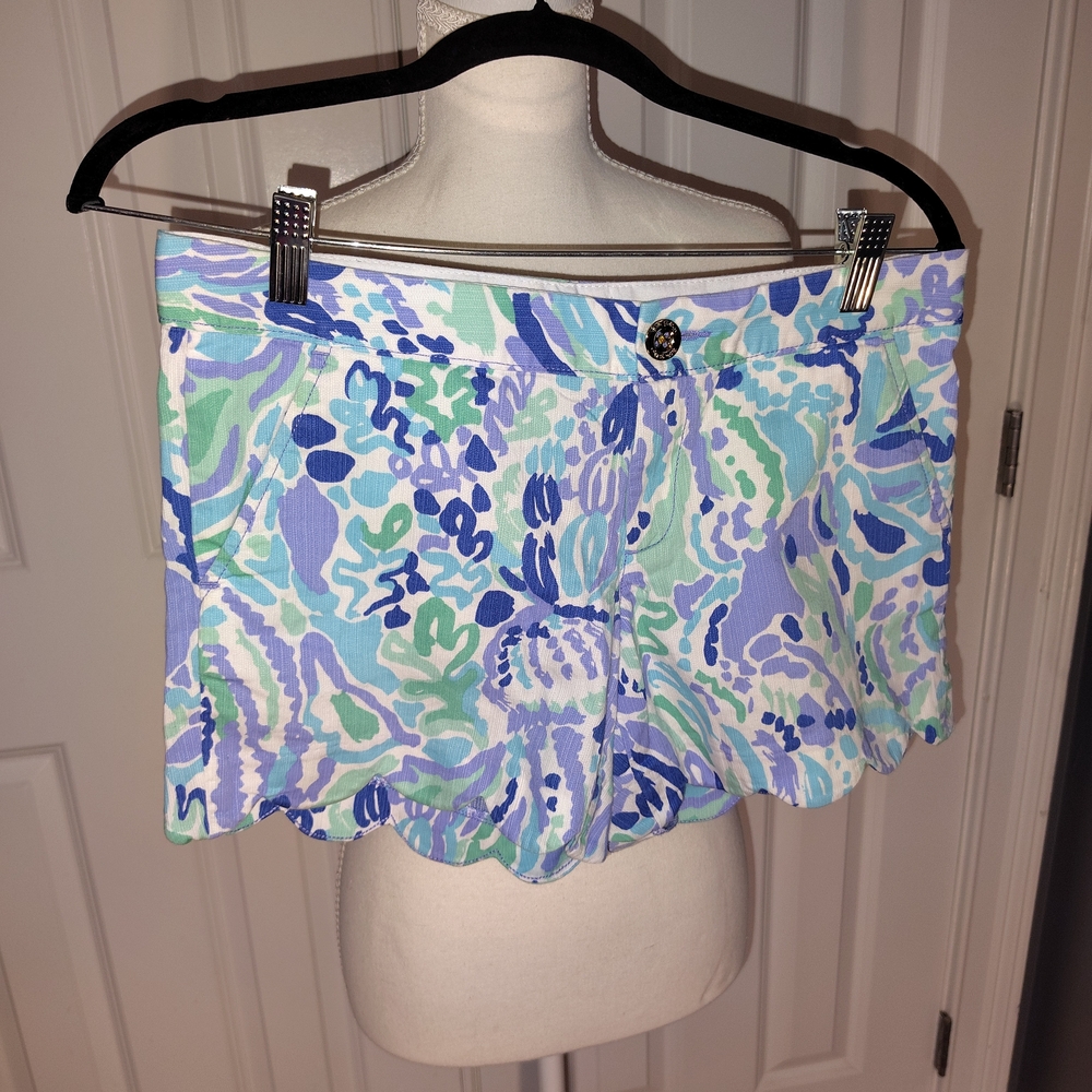 Lilly Pulitzer Sz 0 Scalloped Welsh Lilac Buttercup Shorts Lavender,Aqua, White